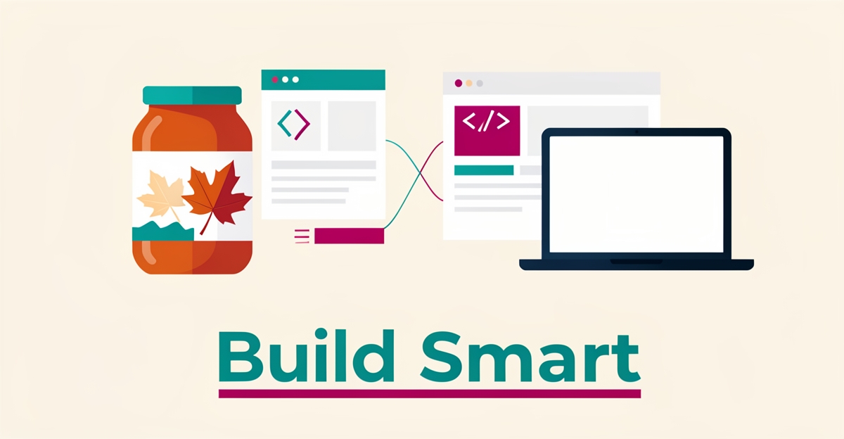 Flat illustration of a craft food jar beside website wireframes and a laptop, symbolizing the choice between in-house and hired web development.