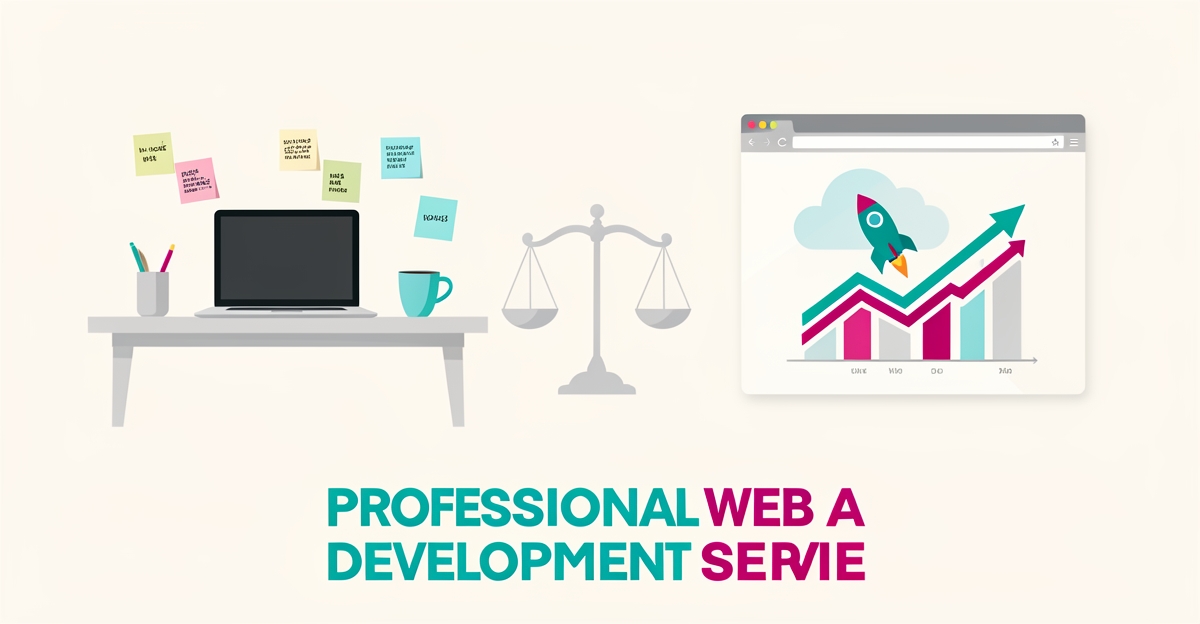 Flat illustration comparing an in-house desk setup against a professional web development service with growth chart, accented in teal and magenta.