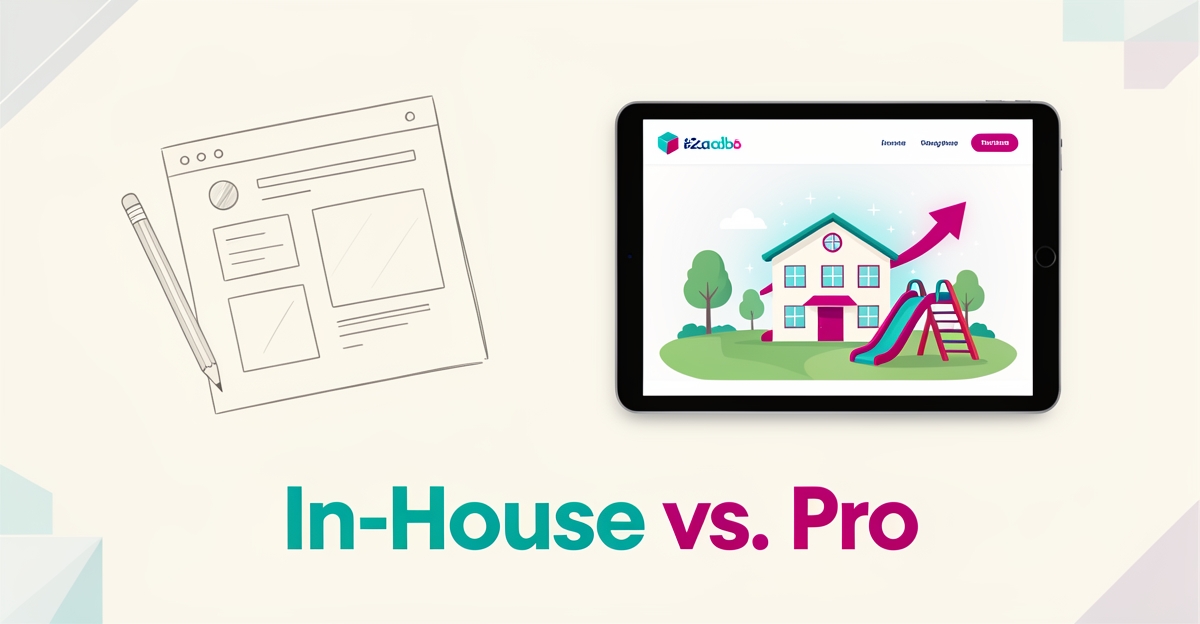 Flat illustration comparing a sketched wireframe with a polished daycare website on a tablet, accented in teal and magenta, headline reading In-House vs. Pro.