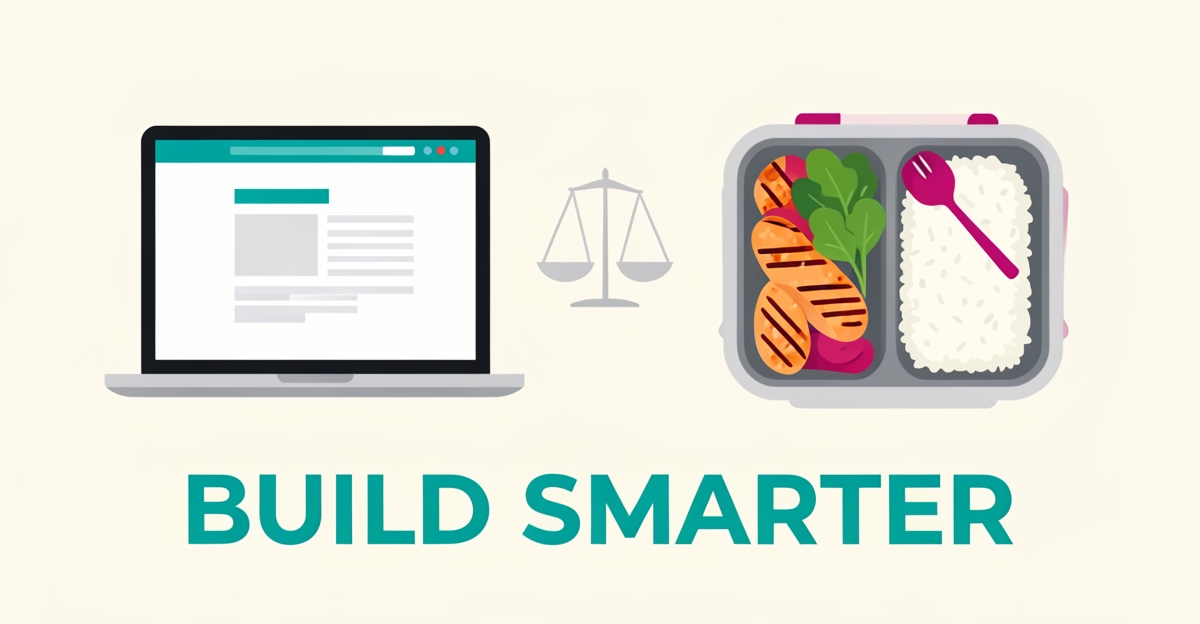 Flat illustration comparing a website wireframe and a fresh meal prep container, symbolizing the choice between in-house and hired web development for meal prep businesses.