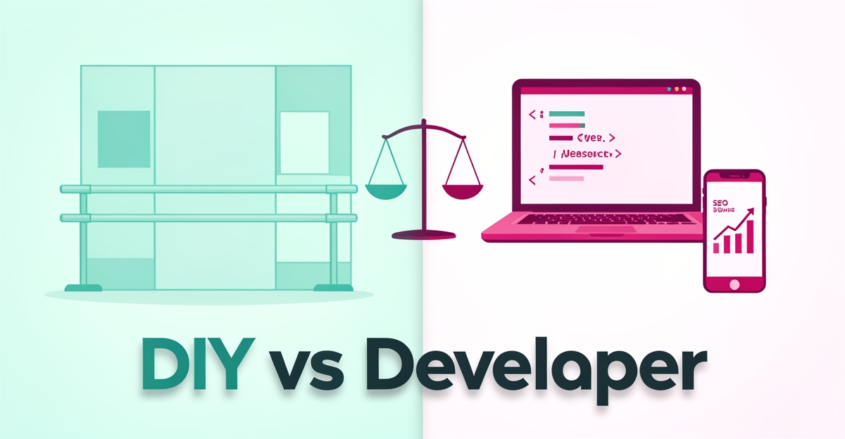 Flat illustration comparing dance school website options with ballet studio elements on one side and web development tools on the other, rendered in teal and magenta brand colors.