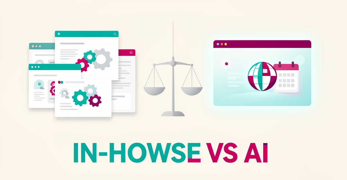 Flat illustration comparing a cluttered in-house development stack with a streamlined AI-driven bingo hall website dashboard in teal and magenta.