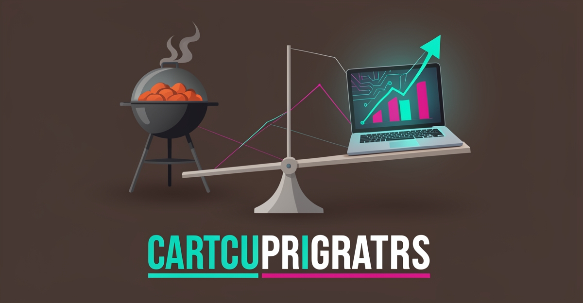 Flat illustration of a balance scale weighing a BBQ smoker against an AI-powered laptop with rising data, accented in teal and magenta.