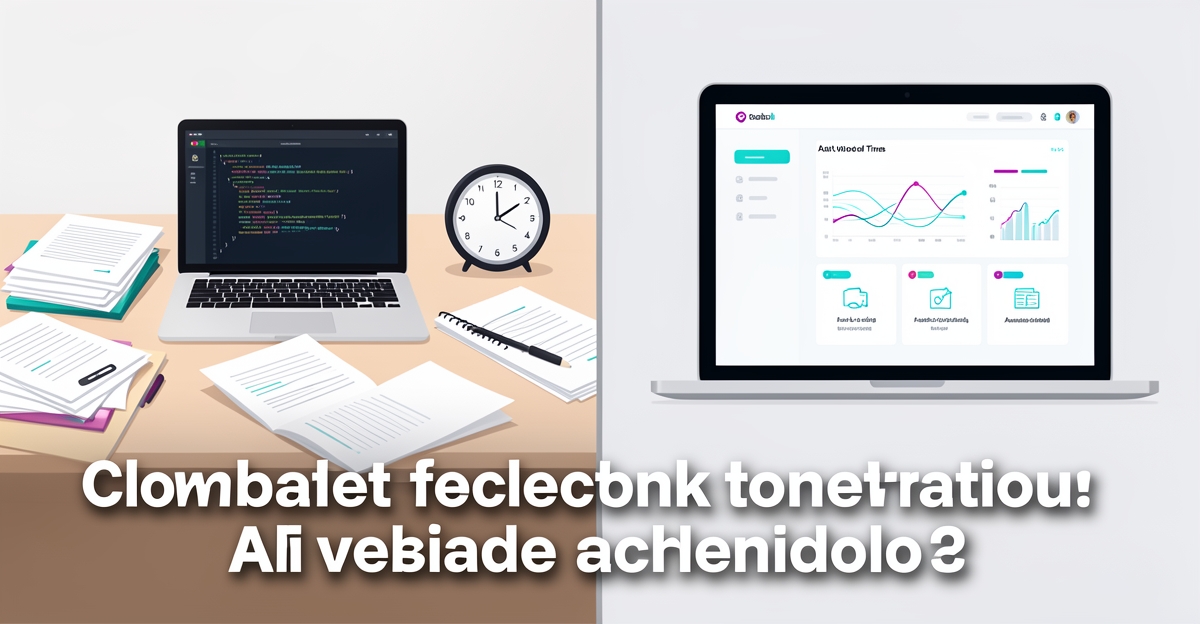 A split-view flat illustration contrasting a messy in-house web workflow with a streamlined AI-powered website interface, highlighting speed and cost efficiency for small teams.