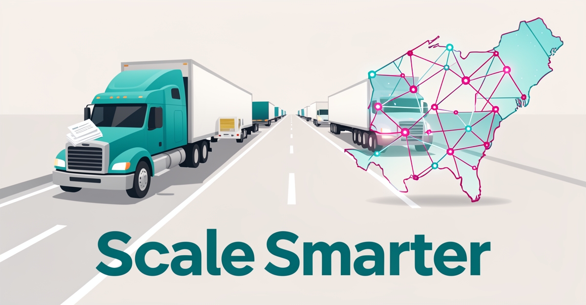 Flat illustration of trucks on a highway with a scale balancing paper documents against a digital compliance network, headline reading Scale Smarter.