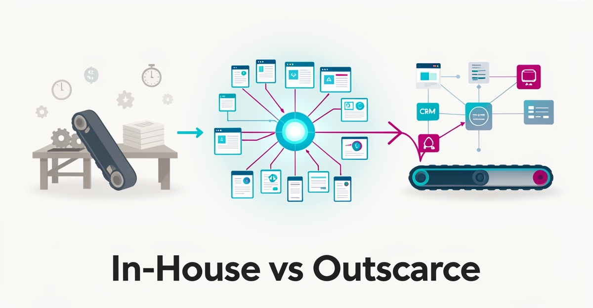 Flat illustration comparing in-house and outsourced digital presence for Nova Scotia conveyor manufacturers with AI platform accents.