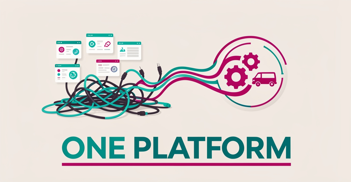 Flat illustration of scattered disconnected tools merging into one unified fleet platform with teal and magenta accents, headline reading One Platform.