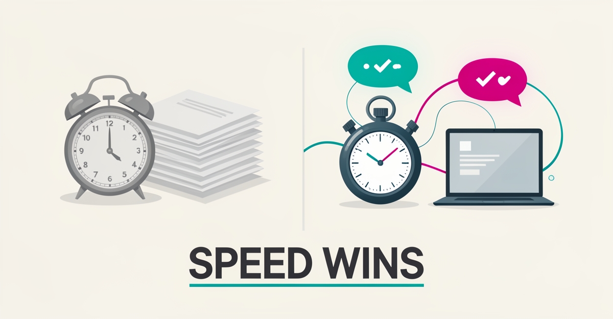 Flat illustration comparing slow manual lead follow-up with fast automated responses, headlined Speed Wins.
