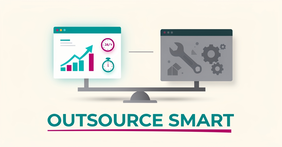 Flat illustration of a balance scale comparing a thriving outsourced website with a struggling DIY build, teal and magenta accents.