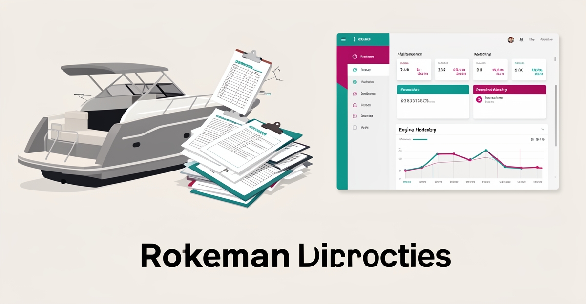 Flat illustration comparing messy paper spreadsheets with an organized digital marine repair dashboard beside a boat engine, teal and magenta accents.