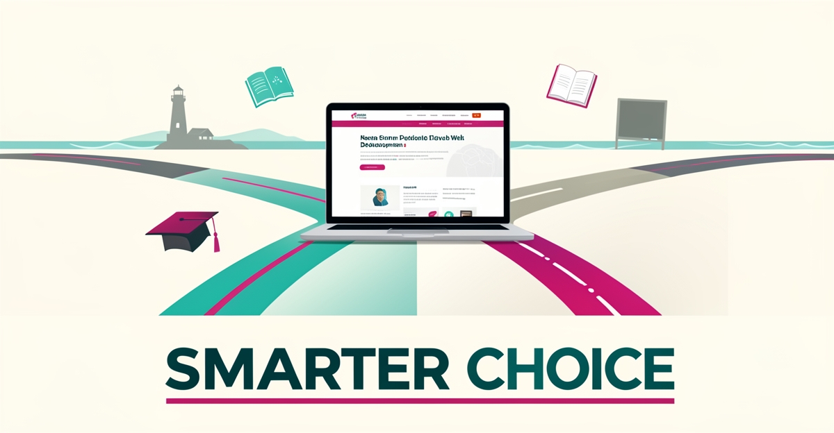 Flat illustration of two paths merging into a laptop showing a tutoring website, accented in teal and magenta with a lighthouse backdrop.