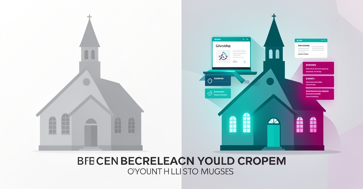 Flat illustration of a church transitioning from traditional to AI-powered digital website features, accented in teal and magenta.