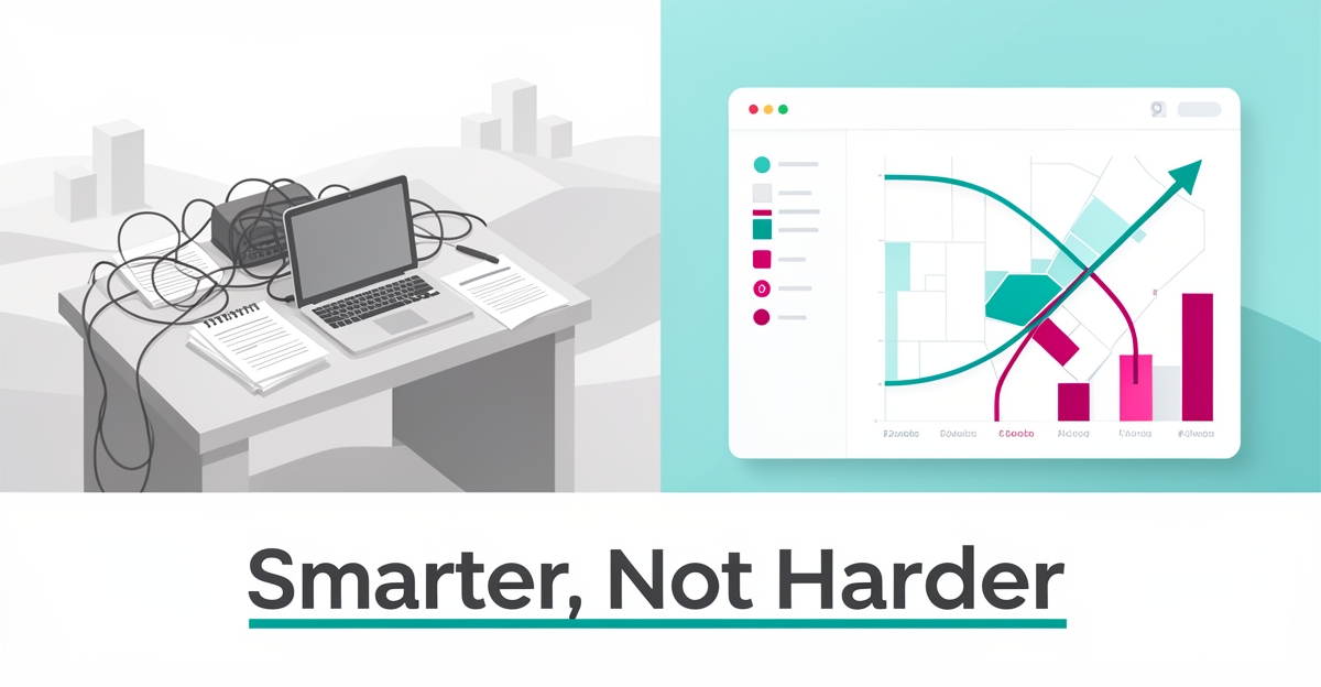 Flat illustration contrasting a cluttered in-house website workflow with a clean AI-driven dashboard for land use planning firms, accented in teal and magenta.