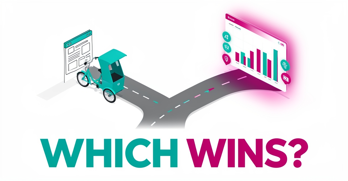 Flat illustration of a pedicab choosing between a basic website and a smart analytics dashboard, with headline reading Which Wins.
