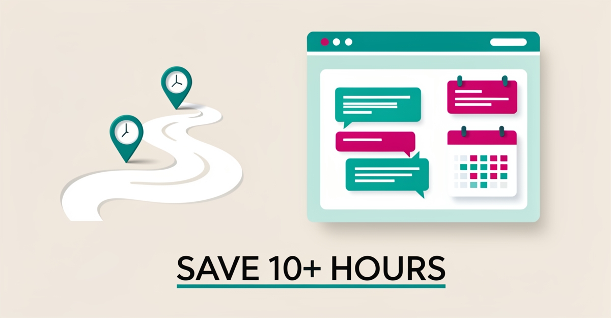 Flat illustration of a walking tour map path and clock beside an AI-automated website dashboard with teal and magenta accents, headline reading Save 10+ Hours.