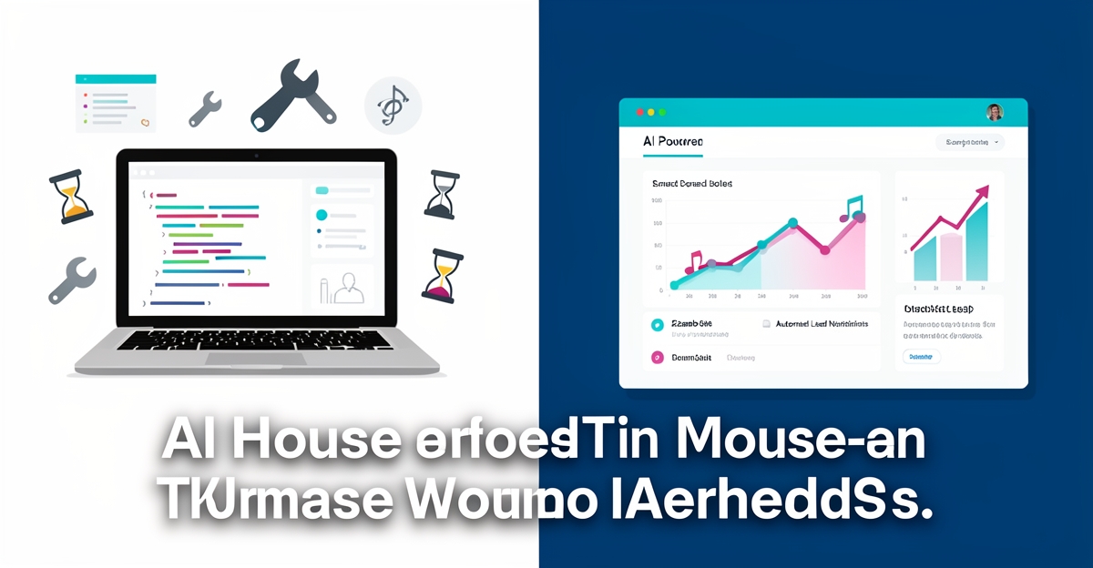 A split illustration comparing in-house website struggles with AI-driven smart site efficiency for wedding bands, featuring musical notes, graphs, and automated lead icons in brand colors.
