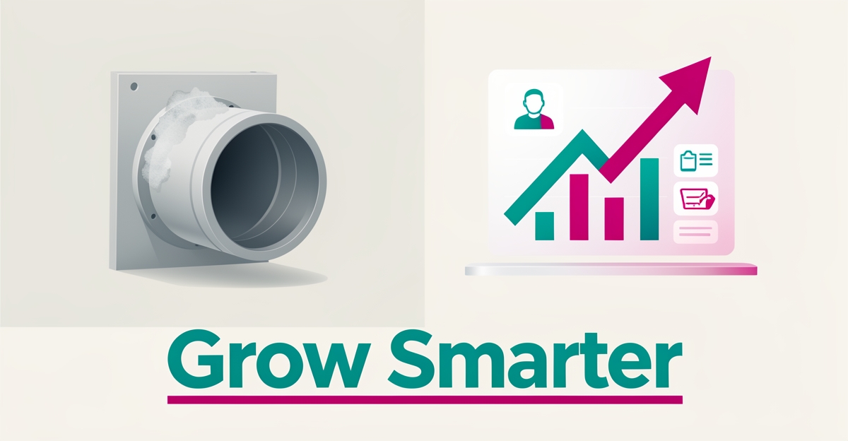 Flat illustration comparing a clogged dryer vent with a sleek AI-driven website dashboard showing upward growth, accented in teal and magenta.