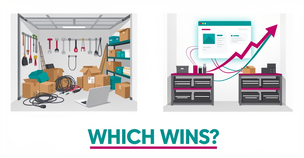Flat illustration contrasting a cluttered DIY garage workspace with an organized garage beside a glowing AI website dashboard, headlined Which Wins.