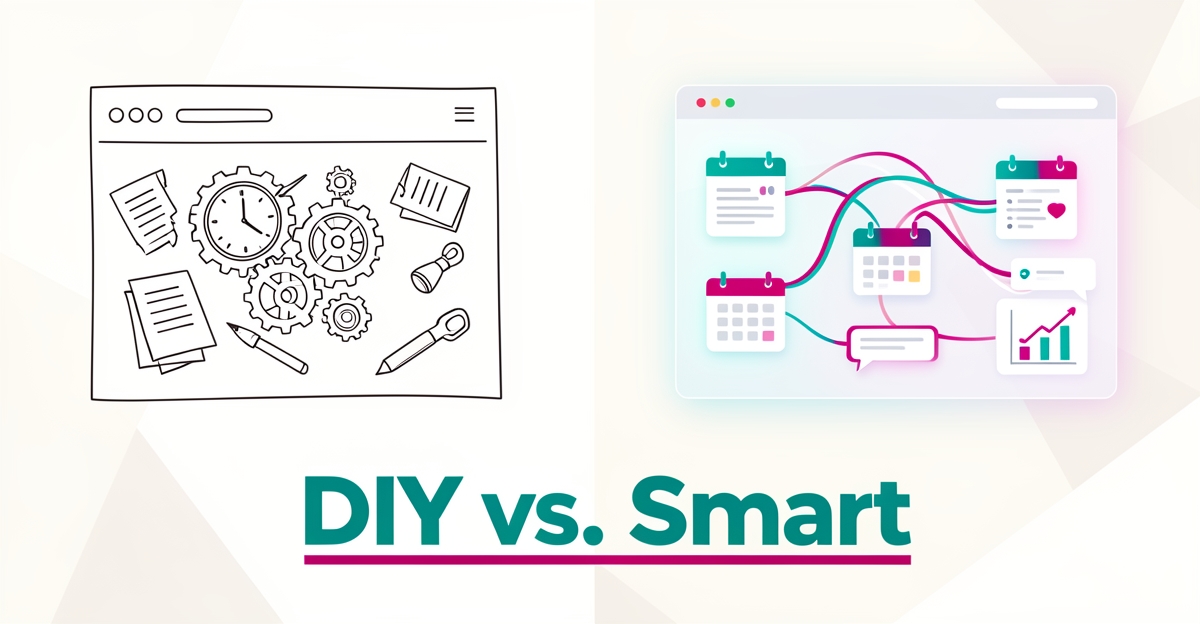 Flat illustration comparing a tangled manual website setup with an automated smart website dashboard, accented in teal and magenta, with headline 'DIY vs. Smart'.