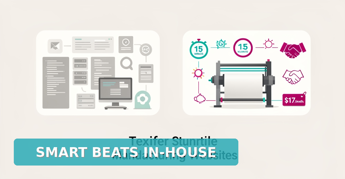 Flat illustration comparing in-house vs smart website platforms for textile manufacturers with cost and speed icons.