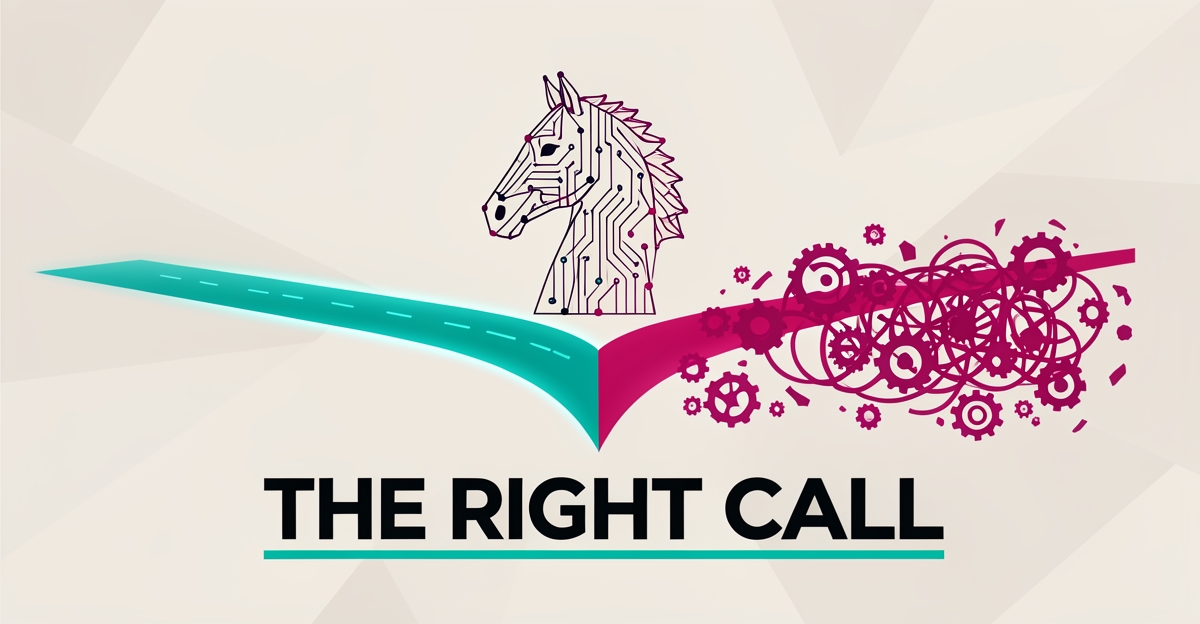 Flat illustration of a digital horse silhouette at a crossroads between a simple path and a tangled one, with the headline The Right Call.