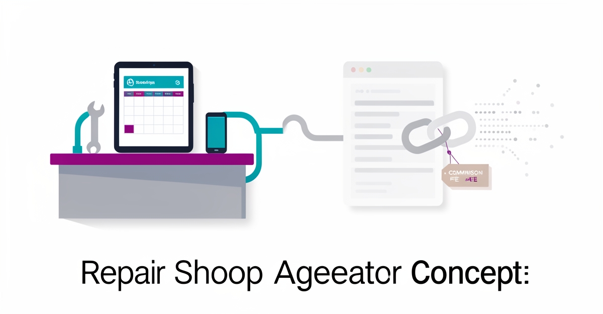 Flat illustration contrasting in-house booking system with leaking third-party aggregator data for repair shops.