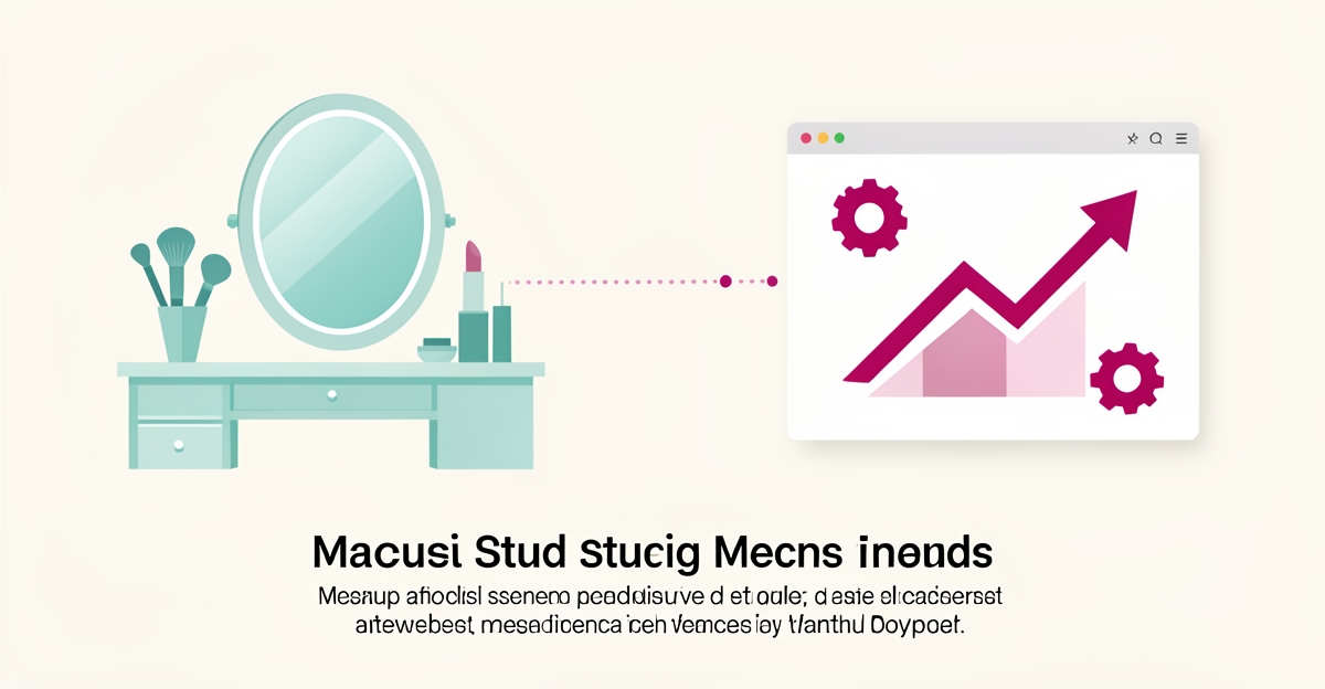 Flat illustration comparing a makeup studio vanity with a website growth chart, symbolizing in-house versus outsourced web development for Halifax makeup studios.