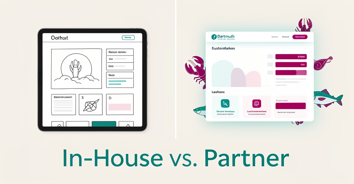 Flat illustration comparing a basic DIY restaurant website with a polished custom build, accented in teal and magenta.