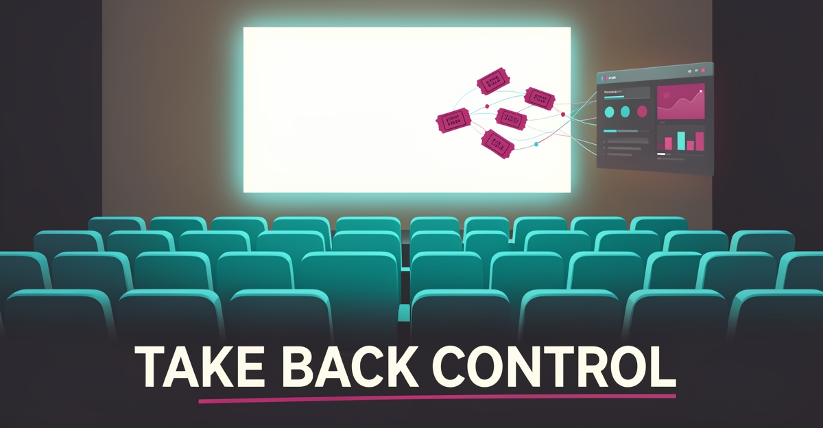Flat illustration of empty teal cinema seats with floating ticket stubs and data lines, symbolizing independent cinemas taking control of their ticketing systems.