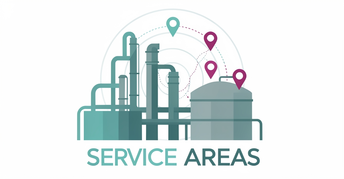 Flat illustration of an industrial refinery with a map radius overlay showing service area coverage in teal and magenta accents.