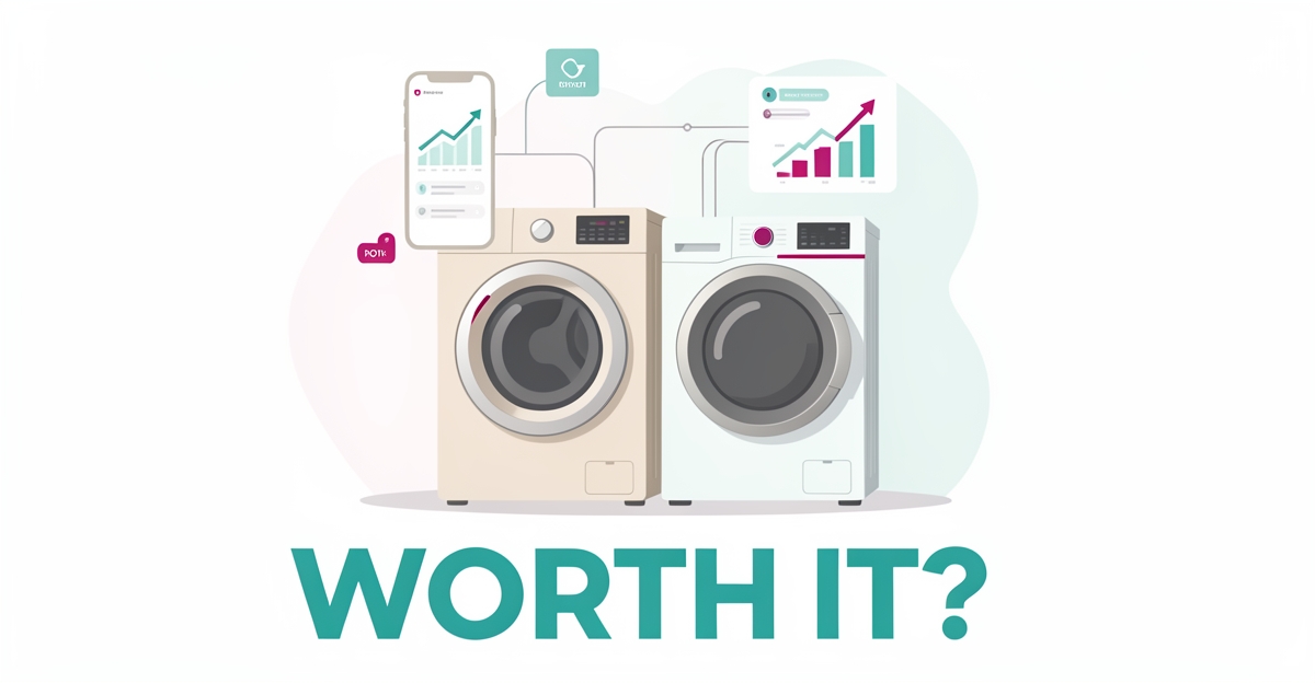 Flat illustration of smart washer and dryer with digital booking interface and growth chart in teal and magenta accents, headline reading Worth It?