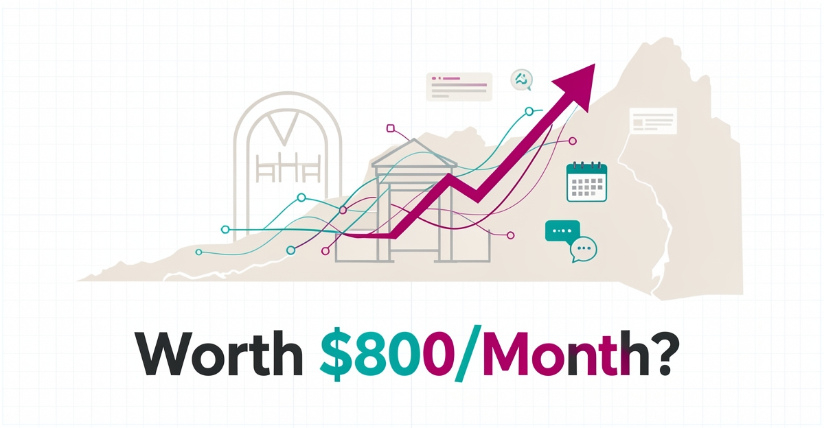 Flat illustration showing Nova Scotia event venue with AI data lines and growth arrow discussing $800 monthly website ROI.