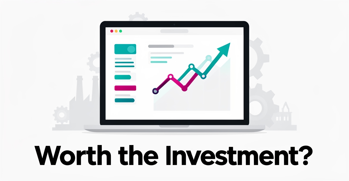 Flat illustration of AI-powered website dashboard with industrial elements and data visualization in teal and magenta brand colors.