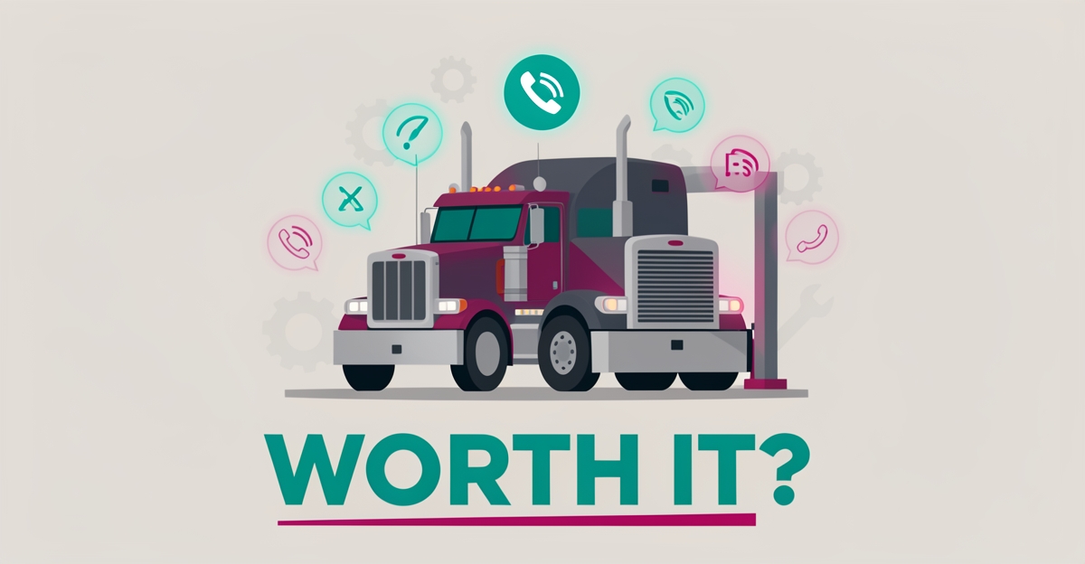Flat illustration of a diesel truck in a service bay with answered and missed call icons, accented in teal and magenta, with the headline 'Worth It?'