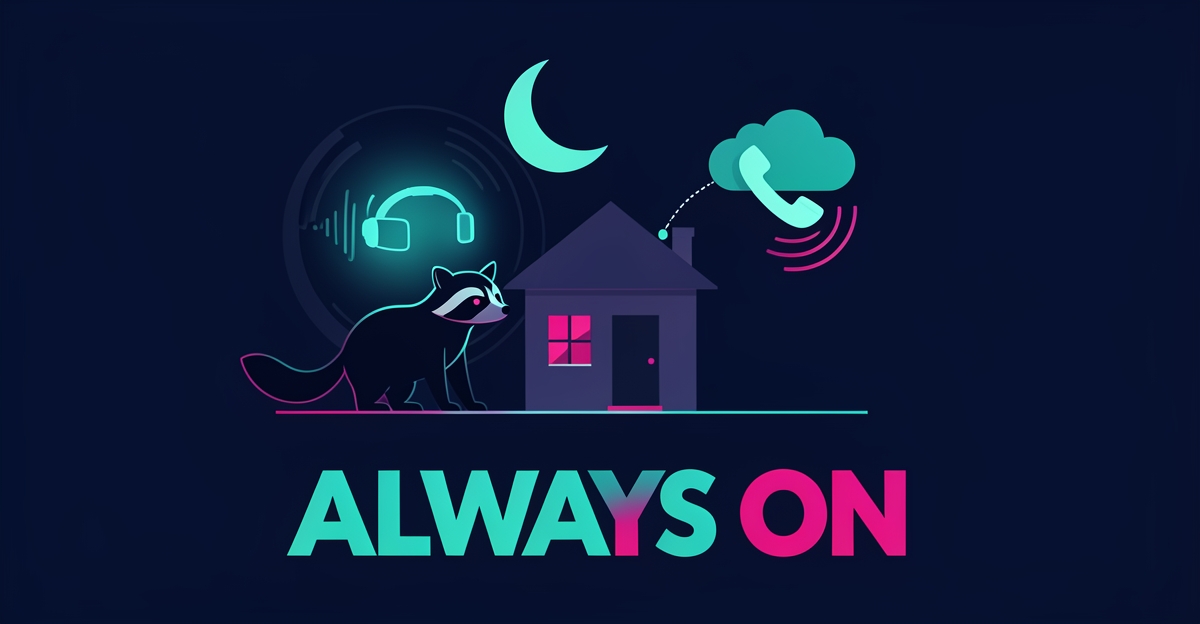 Flat illustration of a raccoon outside a house at night with a glowing AI call-answering icon, symbolizing 24/7 wildlife service call capture.