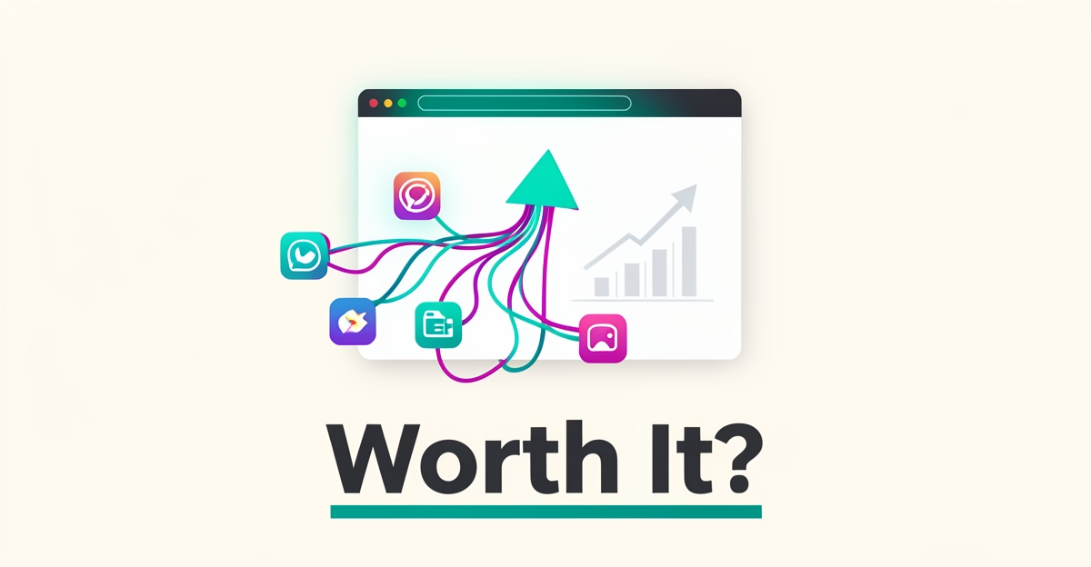 Flat illustration of a glowing smart website consolidating scattered app tools, symbolizing cost savings and lead growth for pest control businesses.