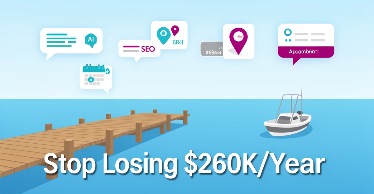 A minimalist flat illustration of a dock and water with floating AI and SEO icons, featuring the headline 'Stop Losing $260K/Year' in the lower third as a professional visual accent for a blog post about smart websites for dock repair businesses.
