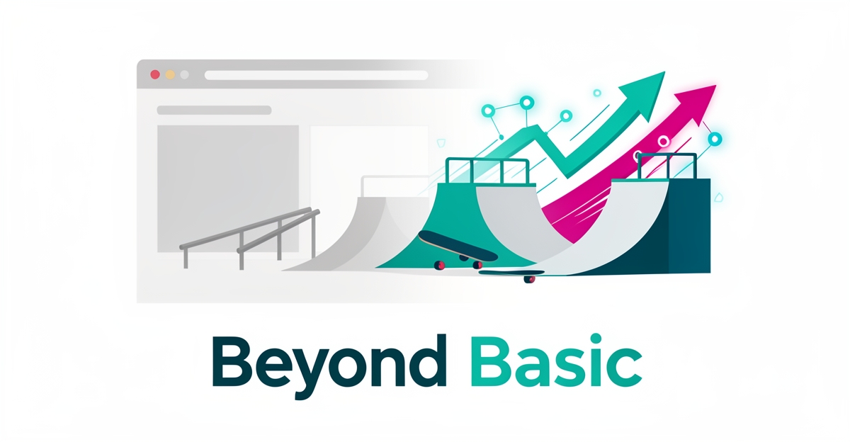 Flat illustration of a skate park transitioning from a static gray webpage to a vibrant teal and magenta digital growth scene, with the headline Beyond Basic.