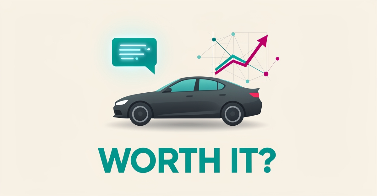 Flat illustration of a car surrounded by AI automation icons and a rising lead graph in teal and magenta, with headline 'Worth It?'
