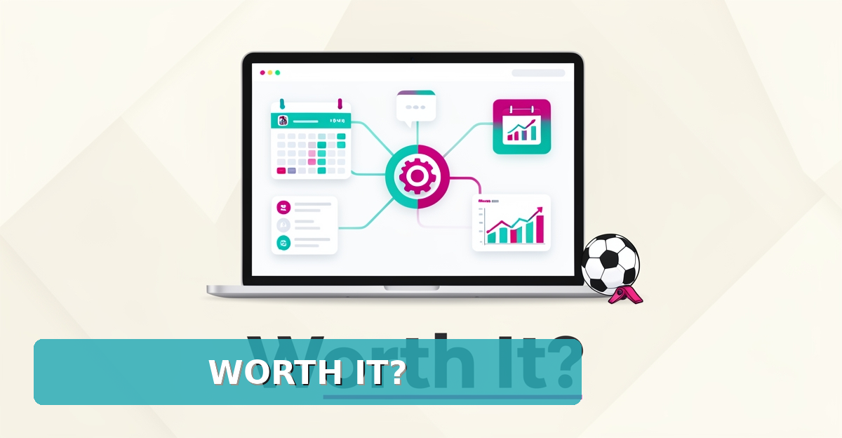 Flat illustration of a sports academy website dashboard consolidating booking, chat, and analytics tools, accented in teal and magenta with the headline 'Worth It?'