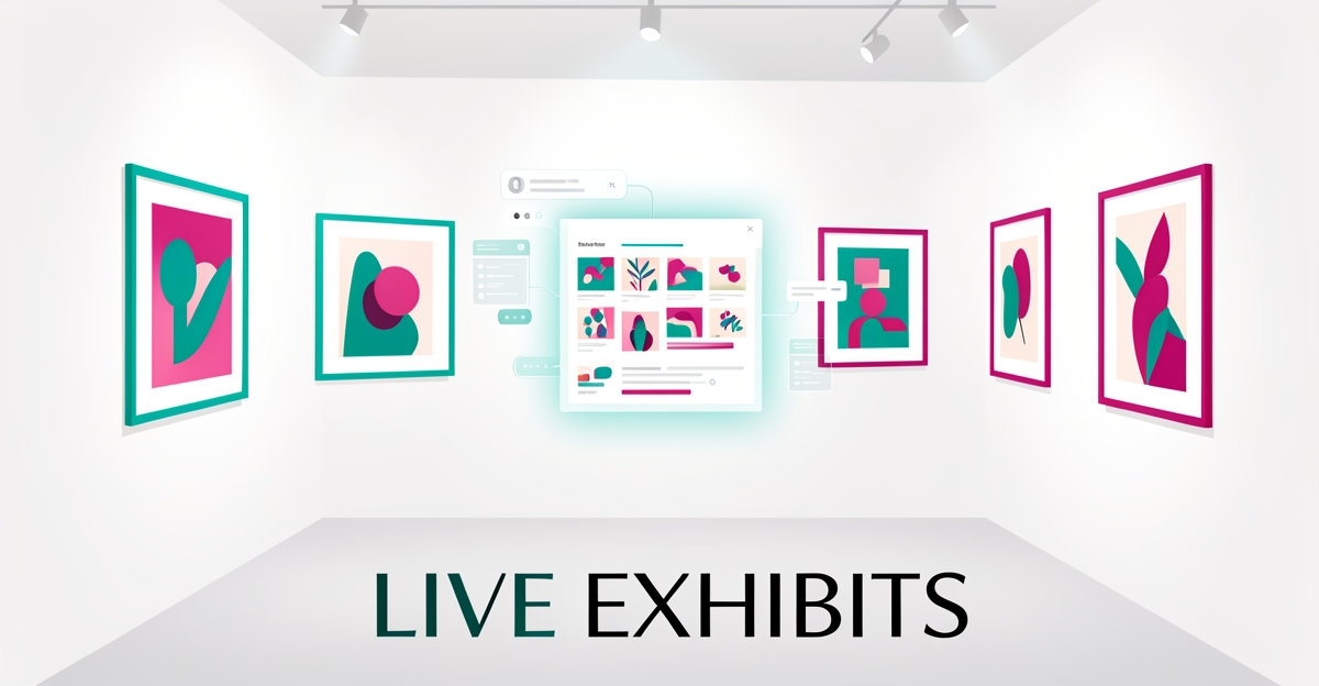 Flat illustration of a modern gallery with glowing frames showing real-time digital exhibit updates in teal and magenta accents.