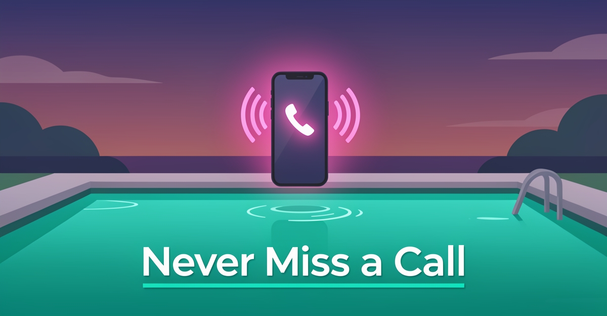 Flat illustration of a smartphone with AI call waves hovering over a teal swimming pool, symbolizing 24/7 call answering for pool cleaning businesses.