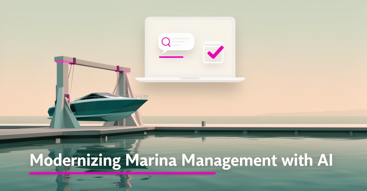 Flat illustration of a boat lift at a marina with an AI chat interface showing 24/7 lead capture for installation business.