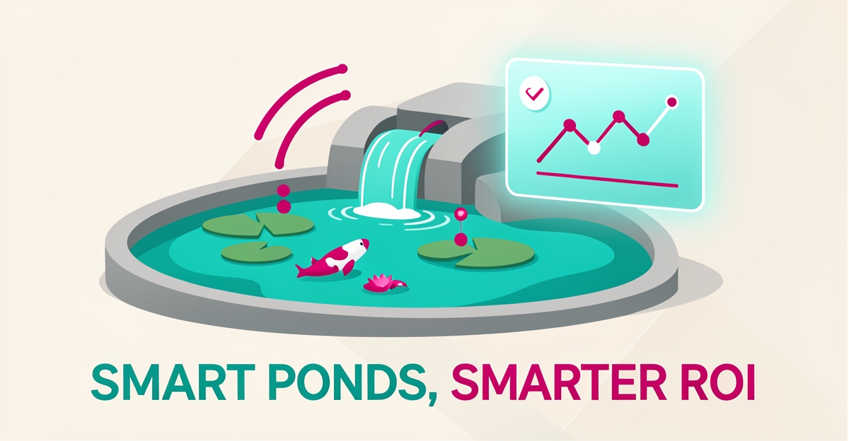 Flat illustration of a koi pond with glowing digital dashboard signals rising above it, symbolizing smart website automation for pond installers.