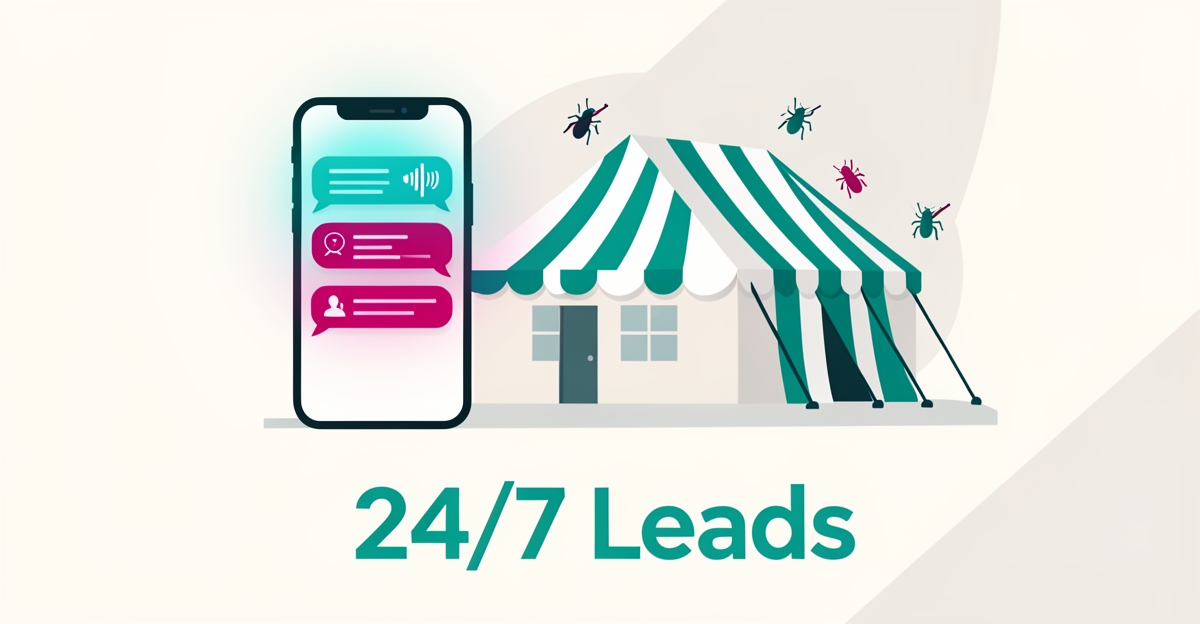 Flat illustration of a smartphone with AI chat beside a tented house, symbolizing 24/7 AI call handling for fumigation businesses.