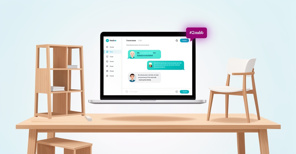 Modern flat illustration of AI chatbot on laptop beside wooden workbench with assembled furniture, using brand colors as accents, visual metaphor for automated customer follow-up in furniture assembly services