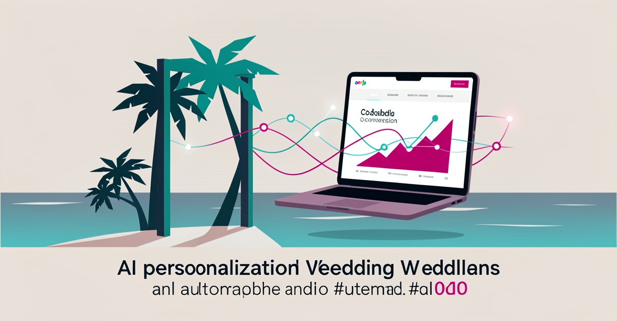 Flat illustration of a destination wedding scene with a laptop showing a rising conversion graph in teal and magenta brand colors.