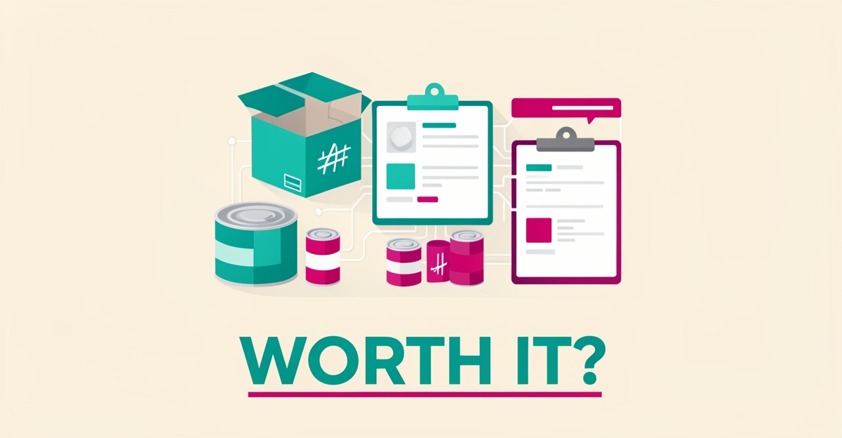 Flat illustration of food bank donation boxes and inventory merging into a digital dashboard, with the headline 'Worth It?'