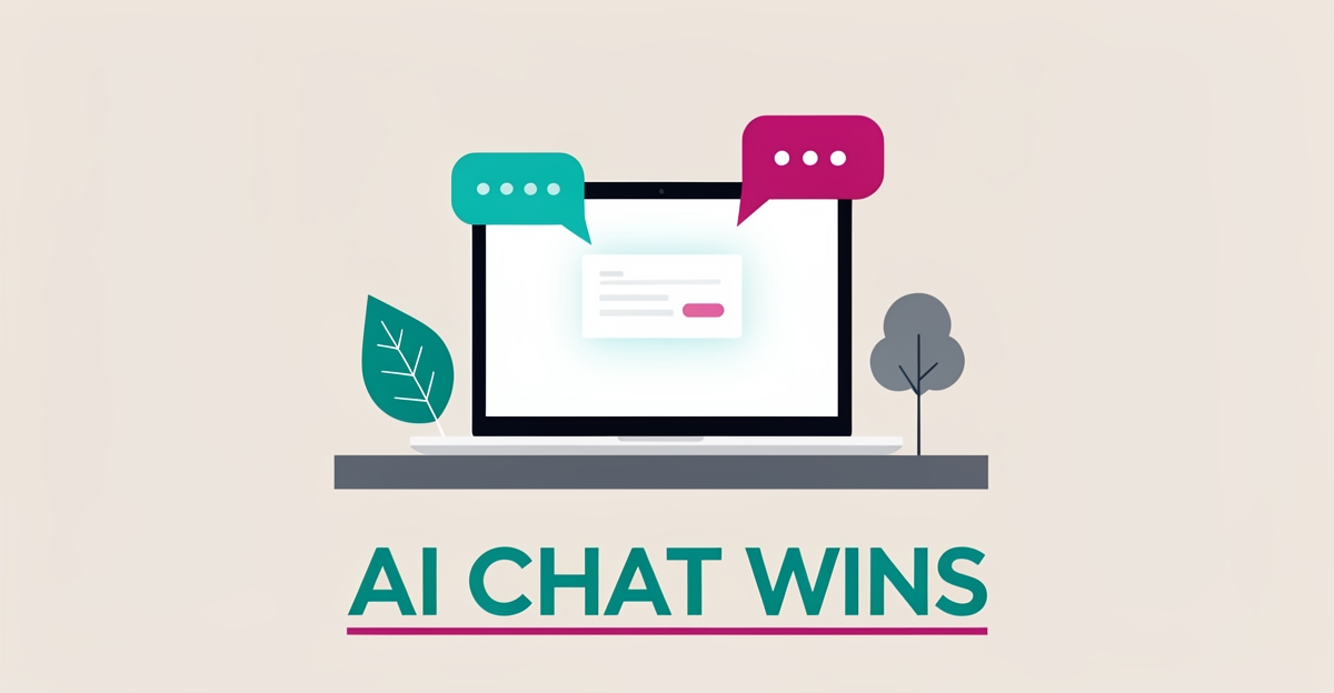 Flat illustration of a laptop showing a website AI chat interface with landscaping elements, headline reading AI Chat Wins.