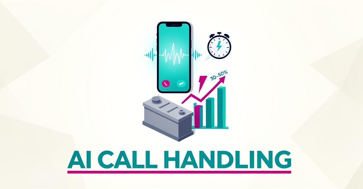 Flat illustration of a smartphone call interface with soundwaves above a battery cell and rising growth chart, accented in teal and magenta, with headline AI Call Handling.